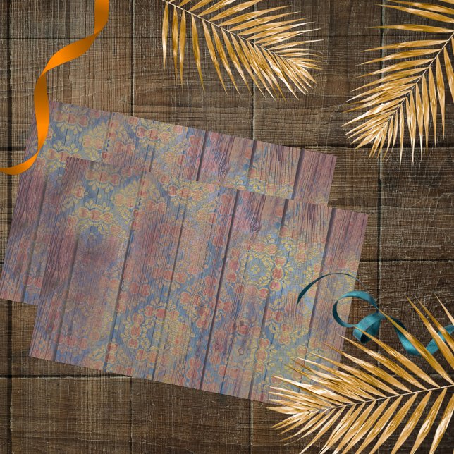 Distressed Red Gold Damask On Wood Decoupage Tissue Paper (Creator Uploaded)