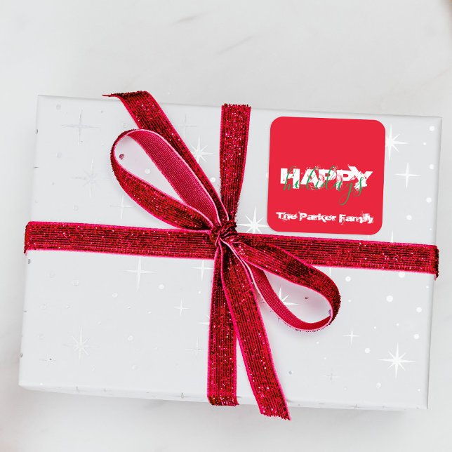 Distressed Red Green Typography Family Holiday Square Sticker (Creator Uploaded)