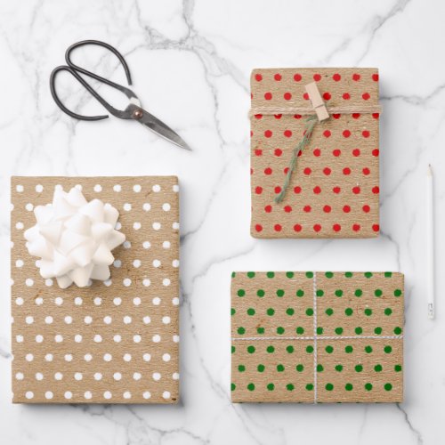 Distressed Red Green White Dots Faux Brown Kraft Wrapping Paper Sheets