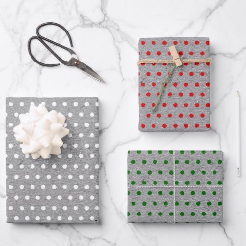 Distressed Red Green White Dots Faux Gray Kraft Wrapping Paper Sheets