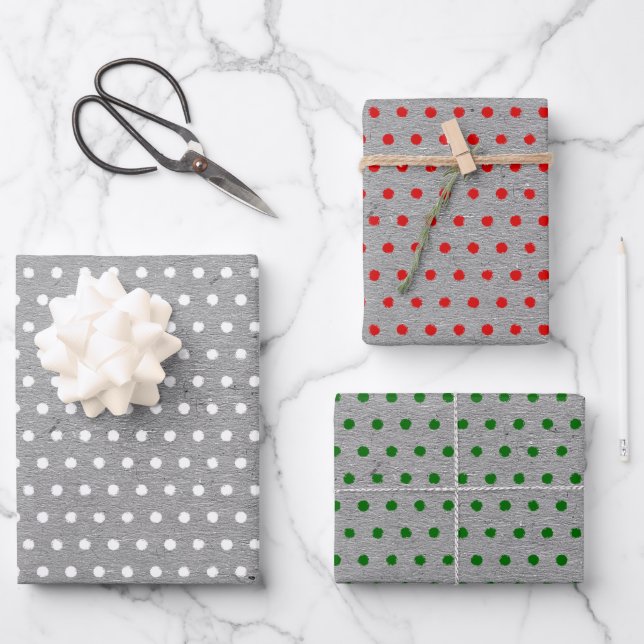 Distressed Red Green White Dots Faux Gray Kraft Wrapping Paper Sheets (Front)