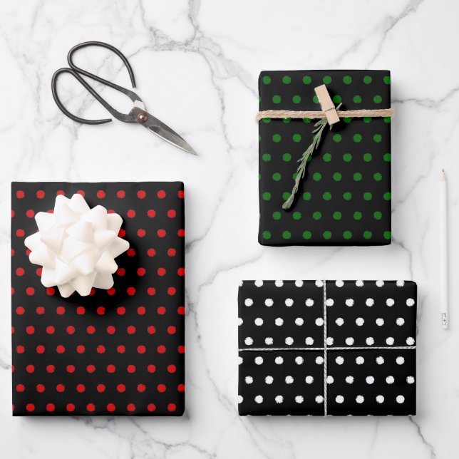 Distressed Red Green White Polkadots On Black Wrapping Paper Sheets (Front)