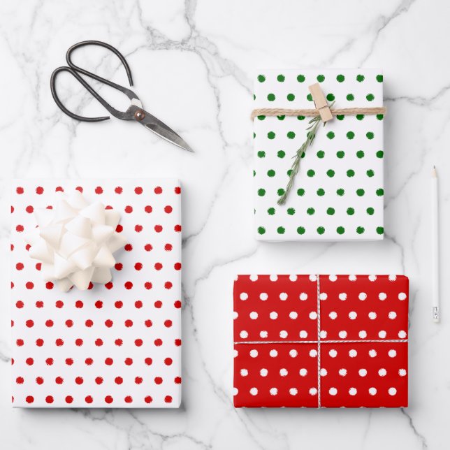 Distressed Red Green White Polkadots Pattern Wrapping Paper Sheets (Front)