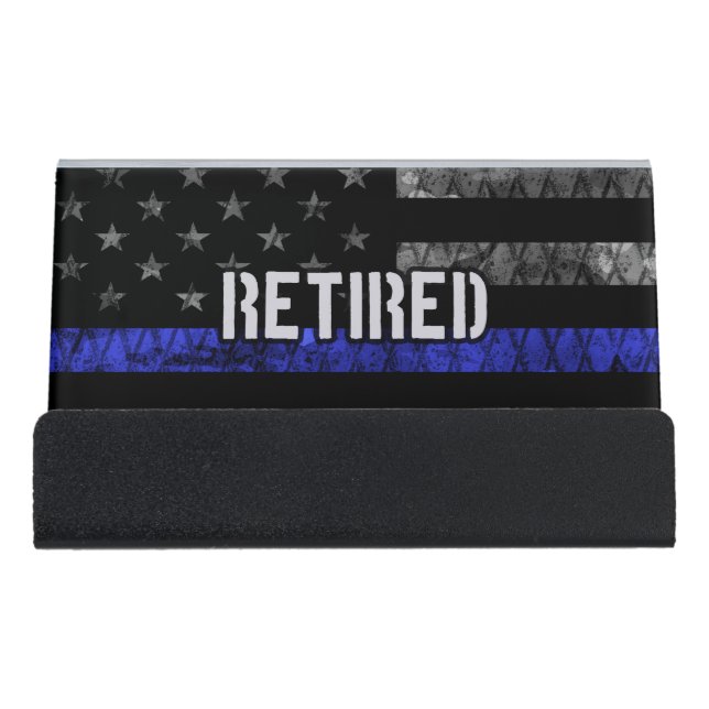 Distressed Retired Police Flag Desk Business Card Holder (Front)