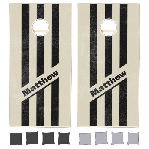 Distressed Retro Alabaster Three Pin Striped Name Cornhole Set