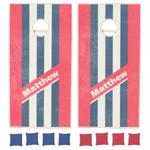 Distressed Retro Beach Club Pin Striped with Name Cornhole Set