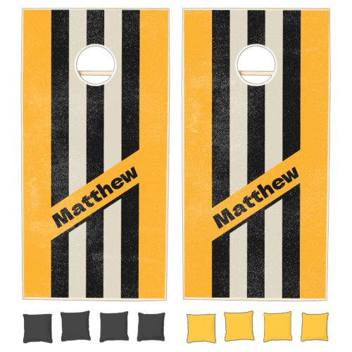 Distressed Retro Bumblebee Buzz Pin Striped Name Cornhole Set