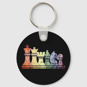 Distressed Retro Chess Pieces in a Rainbow Row Keychain