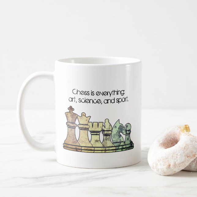 Distressed Retro Chess Pieces in a Row Chess Quote Coffee Mug (With Donut)