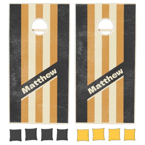 Distressed Retro Golden Horizon Pin Striped Name Cornhole Set
