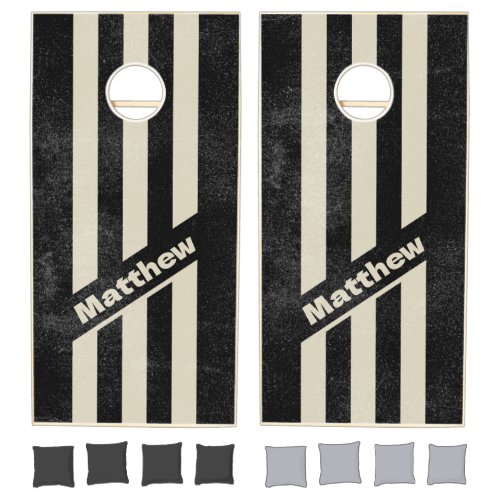 Distressed Retro Midnight Three Pin Striped Name Cornhole Set