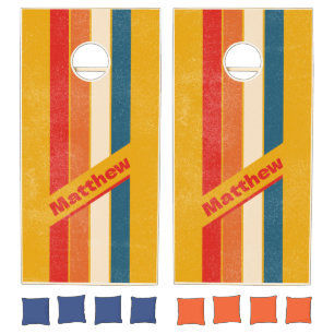 Distressed Retro Mustard Pin Striped with Name Cornhole Set