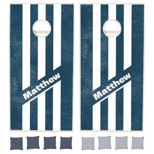 Distressed Retro Navy Three Pin Striped with Name Cornhole Set