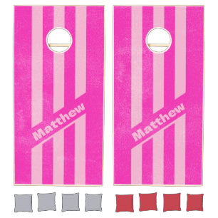 Distressed Retro Pink Sky Three Pin Striped Name Cornhole Set