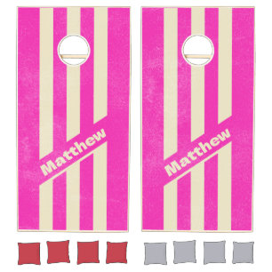 Distressed Retro Pink Three Pin Striped with Name Cornhole Set