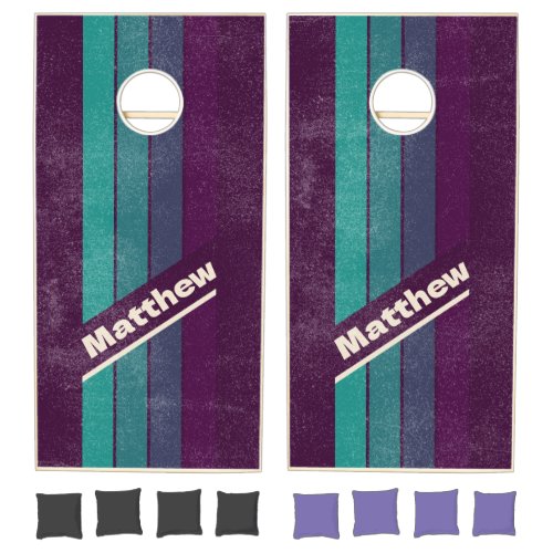 Distressed Retro Purple Rainbow Pin Striped Name Cornhole Set