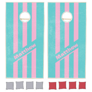 Distressed Retro South Beach Pin Striped Name Cornhole Set