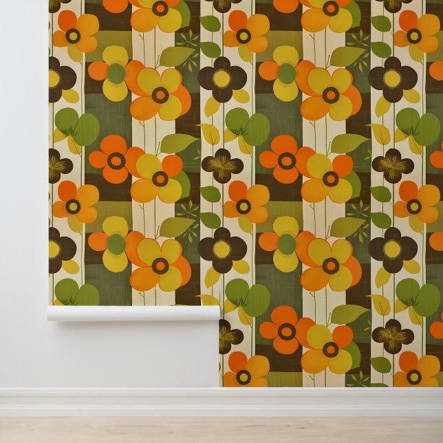 Distressed Retro Style Floral in Earthy Tones Wallpaper (Application)