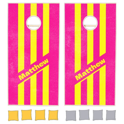 Distressed Retro Sun Soaked Three Pin Striped Name Cornhole Set