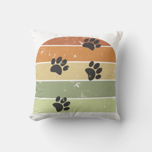 Distressed Retro Sunset Paw Tracks Throw Pillow