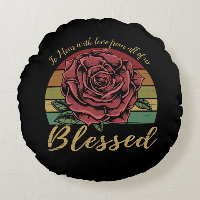 Distressed Retro Sunset Red Rose Blessed Round Pillow (Front)