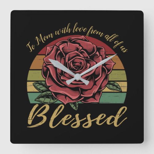Distressed Retro Sunset Red Rose Blessed Square Wall Clock