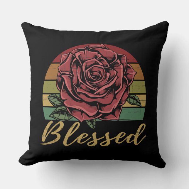 Distressed Retro Sunset Red Rose Blessed Throw Pillow (Front)