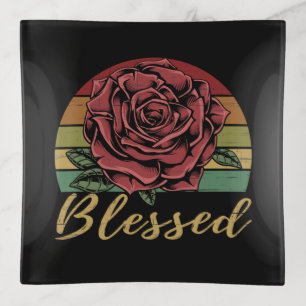Distressed Retro Sunset Red Rose Blessed Trinket Tray