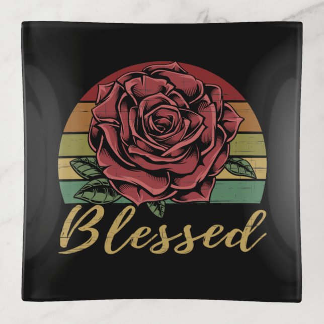 Distressed Retro Sunset Red Rose Blessed Trinket Tray (Front)