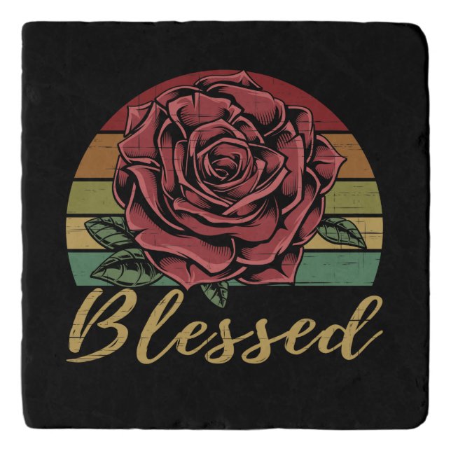 Distressed Retro Sunset Red Rose Blessed Trivet (Front)