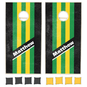 Distressed Retro Tropical Palm Pin Striped Name Cornhole Set