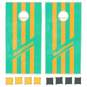 Distressed Retro Tropical Punch Pin Striped Name Cornhole Set