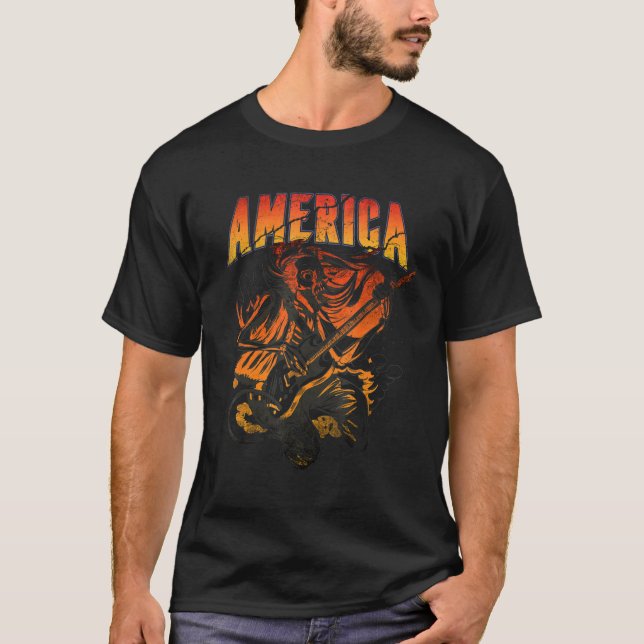 Distressed Rock & Roll America Skeleton Guitar ROC T-Shirt (Front)