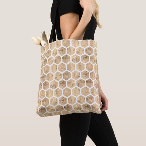 Distressed rose gold and white honeycomb pattern tote bag