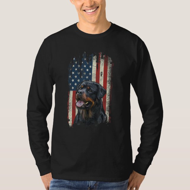 Distressed Rottweiler American Flag Patriotic Dog T-Shirt (Front)