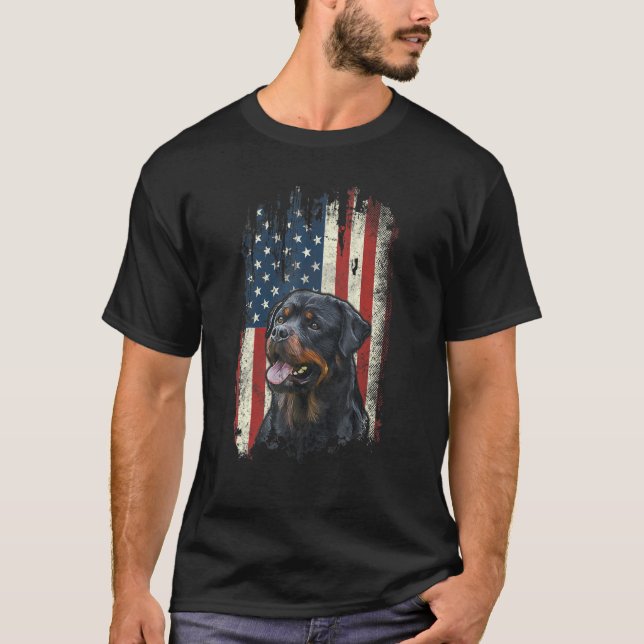 Distressed Rottweiler American Flag Patriotic Dog T-Shirt (Front)