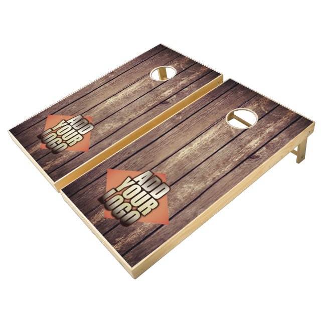 Distressed Rustic Barn Wood Add Your Logo Cornhole Set (Angled)