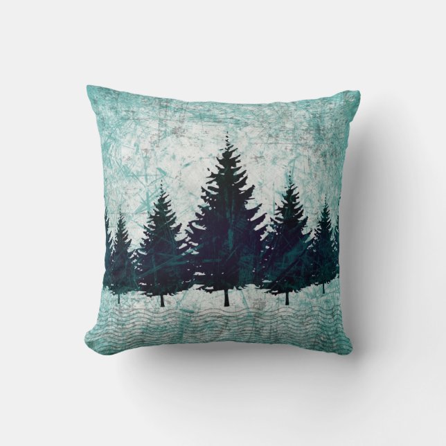 Distressed Rustic Evergreen Pine Trees Forest Throw Pillow (Front)