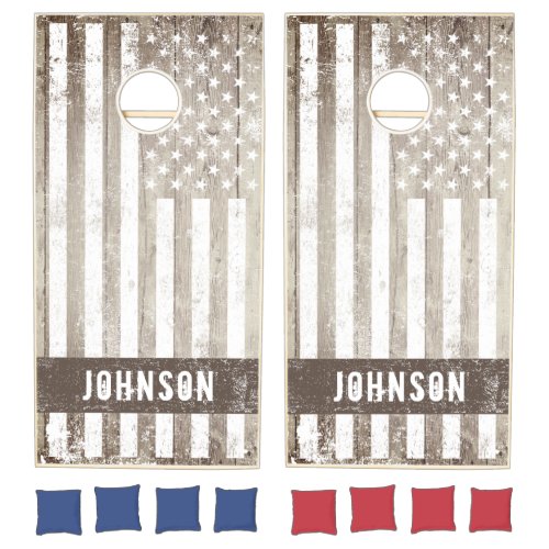 Distressed Rustic USA Flag Family Name Cornhole Set