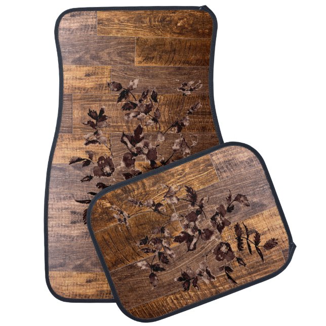 Distressed  Rustic Wood grain, country roses  Car Floor Mat (Set)