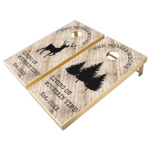 Distressed Rustic Wood Living on Mountain Time Cornhole Set