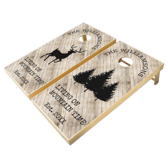 Distressed Rustic Wood Living on Mountain Time Cornhole Set (Angled)