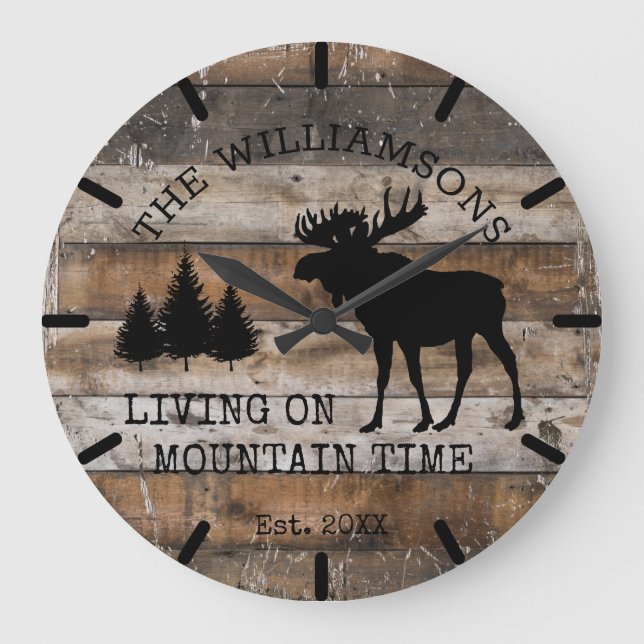 Distressed Rustic Wood Living on Mountain Time Large Clock (Front)
