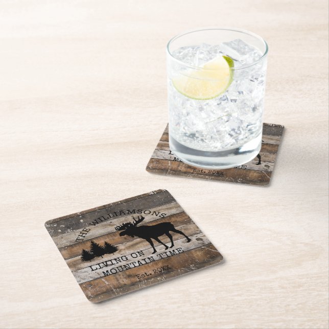 Distressed Rustic Wood Living on Mountain Time  Square Paper Coaster (Insitu)