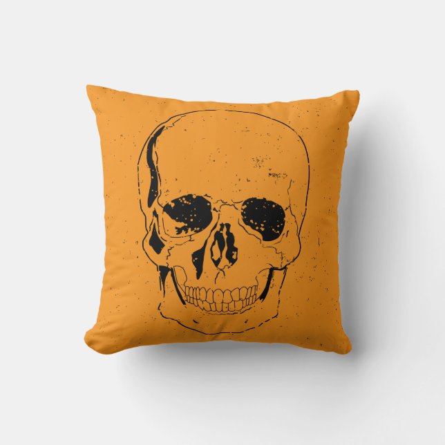 Distressed Scary Halloween Black Skull Throw Pillow (Front)