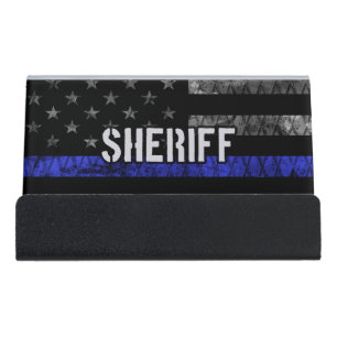 Distressed Sheriff Police Flag Desk Business Card Holder