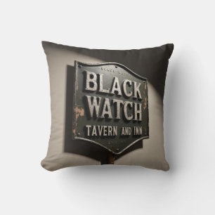 Distressed Sign Black Watch Inn Throw Pillow