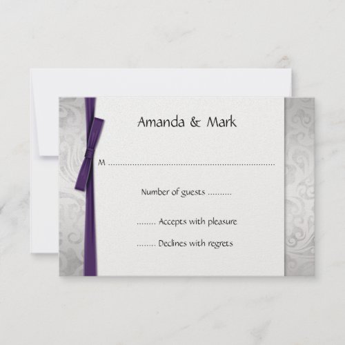 Distressed Silver Damask Purple Ribbon Bow RSVP