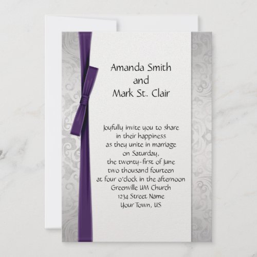 Distressed Silver Damask Purple Ribbon Bow Wedding Custom Invites