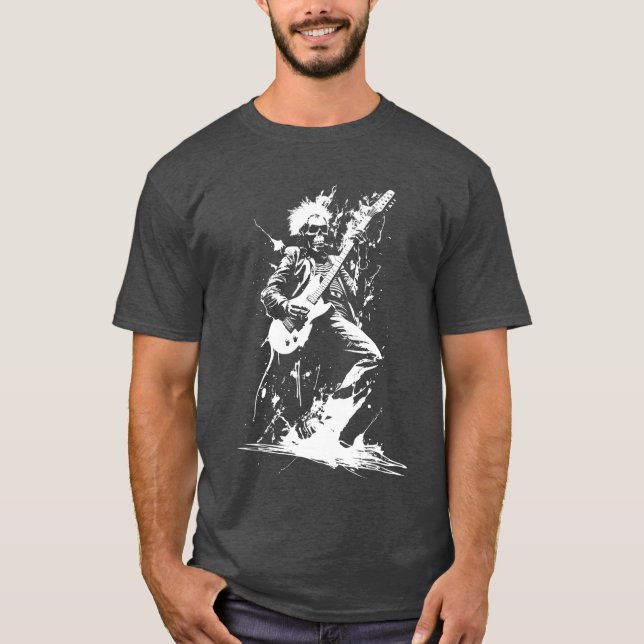 Distressed Skeleton Playing Guitar Punk Rock Roll  T-Shirt (Front)